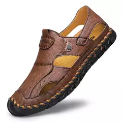 Tampão-sapatos de couro respirável para homens, sapatos de buraco oco, fundo macio, superfície macia, sandálias casuais