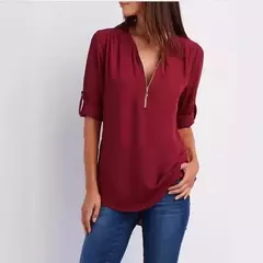 Imagem do Blusa feminina profunda com gola V, tops femininos, pulôver sexy com zíper, moda casual, camisa solta legal, plus size, venda quente, 2024