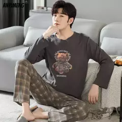 Pijama de algodão estampado urso masculino, calça xadrez manga comprida, roupa de dormir casual, plus size, 4XL, outono, inverno, novo - loja online
