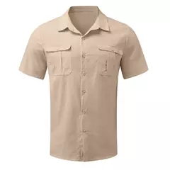 Imagem do Camisas masculinas de linho de algodão de manga curta, monocromáticas, gola alta, casual estilo praia, plus size