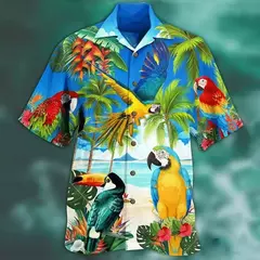 Camisa havaiana com estampa 3D masculina papagaio, blusa de praia casual manga curta, camisa lapela vocacional, moda menino na internet