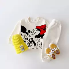 Mickey Mouse moletons estampados para bebês meninos, moletons e calças com gola O, roupas de treino cinza, moda casual, novo estilo