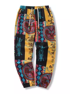 Calça jogger boho tribal estampado masculino, calça elástica, bolsos de linho, cordão mistura de algodão, peso leve, verão na internet
