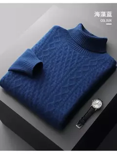 Pulôver Jacquard de cadeia dupla para homens, suéter de gola alta, camisa de fundo de malha 100% lã merino nova, outono e inverno - Wolf Magazine