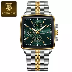 Imagem do Relógio de pulso esportivo quadrado luxo masculino Poedagar, cronógrafo luminoso impermeável, relógios masculinos de quartzo, relógios de aço inoxidável