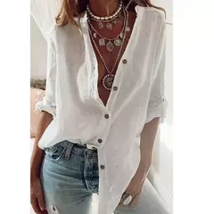 Camisa de linho de algodão feminina, monocromática, casual, solta, botão, decote em v, manga comprida, viajante, moda verão na internet
