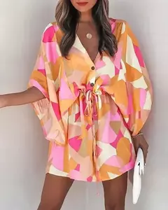 Mini vestido solto com cordão feminino, manga de batwing, botão sexy, gola V, cobertura de festa, estampa moda praia, verão - Wolf Magazine