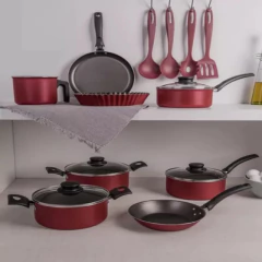 Cozinha multifuncional cozinhando conjunto com tampas de vidro, panelas de alumínio vermelho, antiaderente, 12 PCs, venda quente - Wolf Magazine