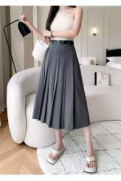 Imagem do Saia plissada midi de cintura alta feminina, terno casual linha A, elegante saia de guarda-chuva vintage, moda feminina, primavera, verão, nova