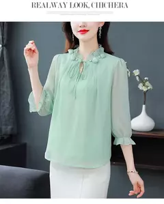 Chiffon blusa com gola pétala para as mulheres, blusa solta e casual, meia manga, gravata borboleta, nova moda, primavera verão, tamanho m a 4xl, 2024 - loja online