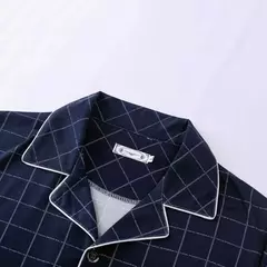 Conjunto de pijama de seda leite confortável masculino, loungewear elegante, estampa xadrez listrada, lapela combinando cores, pijama longo de peito único, outono e inverno - loja online