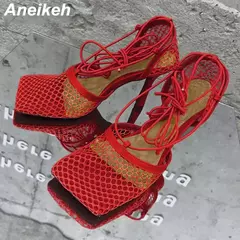 Aneikeh-bombas de malha sexy para mulheres, sandálias de dedo quadrado, salto alto, lace-up, cross-tied, stiletto, vestido de festa, verão, 2022