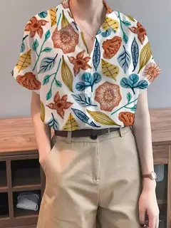 Imagem do Camisa feminina colorida em 3D com estampa floral, tops de manga curta, botão, gola elegante, primavera e outono, 2024