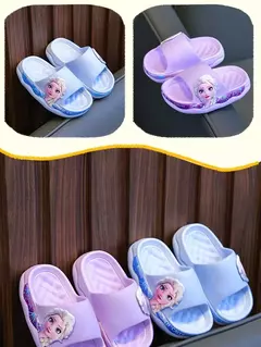 Imagem do Disney-chinelos infantis de princesa Elsa congelados, sola macia antiderrapante, sandálias de banho internas, desenhos animados bonitos, verão