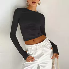 Imagem do Top feminino de gola redonda manga longa com furos no polegar, camiseta monocromática, slim fit, streetwear diário, moda verão