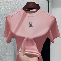 Top de diamante cintilante de manga curta feminino, estrela de diamante, coelho fashion, elástico alto, macio, grandes dimensões, verão, novo, top versátil na internet