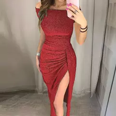 Vestido Slim Bodycon Off-Ombro feminino, Purpurina, Monocromático, Elegante, Sexy, Brilhante, Gola de corte, Longo, Festa à noite, Outono - loja online