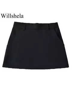 Willshela-Mini saia feminina monocromática com zíper traseiro A-Line, cintura alta, saias chiques femininas, moda vintage - loja online