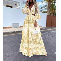 Primavera novo vestido longo moda impressão sexy profundo decote em v vestido de manga comprida feminino elegante oco para fora plissado emendado maxi vestido