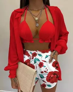 Fato de banho feminino de três peças, moda praia sexy, biquíni de cintura alta, maiô estampado, shorts para cobrir, moda praia de verão, novo 2024 - Wolf Magazine