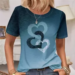 Camiseta estampada com coração feminino, blusa em tamanho grande, moda feminina de verão, camiseta redonda, camisa feminina de manga curta, novo, 2024 - loja online