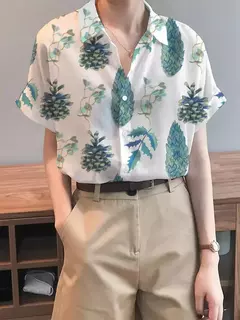 Camisa feminina colorida em 3D com estampa floral, tops de manga curta, botão, gola elegante, primavera e outono, 2024