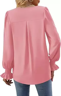 Imagem do Nova camisa feminina de chiffon de cor sólida com decote em v pulôver queimado manga comprida camisa superior senhora do escritório elegante cáqui blusas soltas