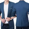 Fato de blazer fino masculino, manga comprida, bolsos, um botão, lapela, casual, festa formal, masculino, outono, parte superior