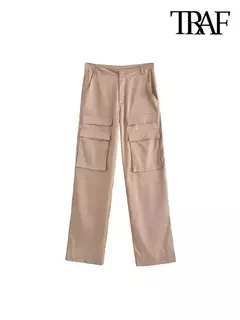 TRAF-Calça feminina de cetim cargo com bolsos, vintage, cintura alta, mosca com zíper, calça feminina, moda - comprar online