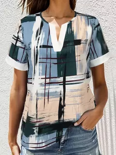 Blusas de manga curta com decote em v para mulheres, camisas casuais estampadas para senhoras, tops chiques básicos, moda verão - loja online