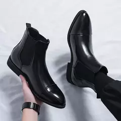Men's Red Sole PU Ankle Chelsea Boots, Business Round Toe Slip-On Shoes - Wolf Magazine