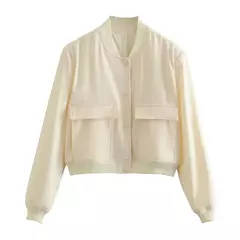Imagem do TRAF-Jaqueta bomber feminina de manga comprida com bolsos, casacos vintage, botão frontal, casacos casuais femininos, tops chiques, moda