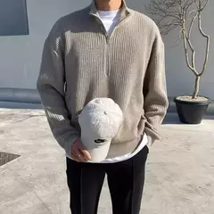 Imagem do Pulôver de zíper com gola meia alta masculino, suéter de malha, jaqueta solta, roupa que combina com tudo, nova moda, primavera, outono, 2023