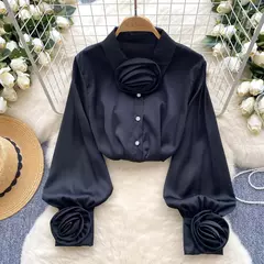 Elegante cetim tridimensional flor manga longa lapela blusa chique vintage moda colheita topo feminino camisas de outono roupas