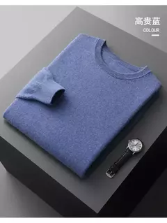 Pulôver masculino de malha com mangas compridas, suéter 100% lã merino, top casual básico de cor sólida, moda