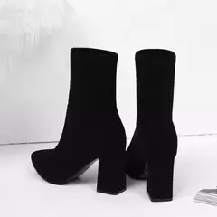 Botas curtas de salto grosso para mulheres, botas emagrecedoras, dedo apontado, moda feminina, estilo clássico, outono, inverno, D64 - loja online