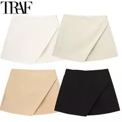 TRAF-saia de cintura alta feminina, calça cáqui assimétrica, branca e preta, shorts casuais, verão 2021