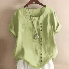 Top feminino de algodão e linho verão casual solto botão manga curta cor sólida pulôver blusa femme blusas - loja online
