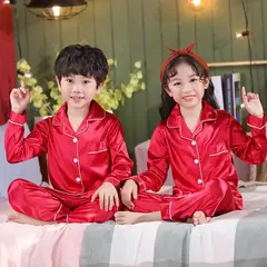 Conjunto de pijamas de cetim de seda infantil pijamas de bebê pijamas pijamas cor sólida, terno infantil, meninos, meninas, outono na internet
