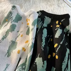 Camisola estampada retrô angustiada masculina, streetwear de hip hop, macacão de Natal masculino, roupa Y2K, moda outono na internet