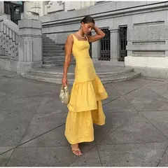 Vestido feminino sem encosto com gola quadrada, estilingues elegantes, vestido com bolo monocromático, Vestes compridas femininas, Festa à noite, Verão, 2022 - Wolf Magazine
