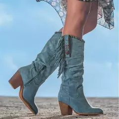 Botas altas de dedo apontado retrô para mulheres, borla, fivela de metal, salto grosso, vaqueiro ocidental, sapatos femininos, tendência, 2024
