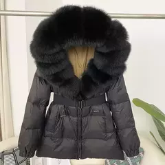 Oftbuy 2024 jaqueta de inverno feminina gola de pele de raposa natural real com capuz grosso quente 90% pato branco para baixo casaco feminino streetwear casual na internet
