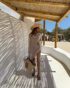 Mini vestido de malha praia de cor sólida feminino, sexy oco fora, maiô de manga comprida para cobrir, feriado Boho, moda praia solta, verão, K17 na internet