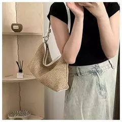 Saco de palha tecido Rattan para senhoras, sacola de grande capacidade, bolsa trançada artesanal, bolsa de ombro, moda na internet