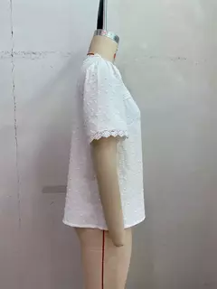 Imagem do Benuynffy-Blusa de renda com decote em v feminina, ponto suíço, tops sólidos, manga curta, boho, doce, casual, moda feminina, verão, novo, 2024