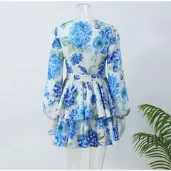 Elegante Flor Estampada Babados Mini Vestido, Em Camadas, Decote V, Sopro de Manga Comprida, Vestidos Linha A, Vestido de Festa, Moda Chique, Senhora
