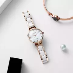 Ooupai-Relógio quartzo cerâmico branco para mulheres, relógio de pulso pequeno e causal, vestido elegante, impermeável, nova chegada, moda, 2024