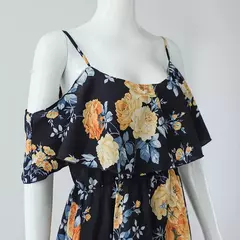 Imagem do Vestido de deslizamento estampado fora do ombro feminino, babado, alça, mini vestido, floral, sem costas, curto, praia, verão, 2024