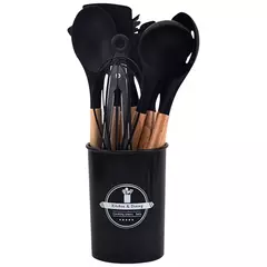 Conjunto De Utensílio De Cozinha Resistente Ao Calor, Kit De Ferramentas De Cozinha, Cabo De Madeira, Panelas, Espátula, Colher, Escova, Batedor, Suprimentos, 12Pcs